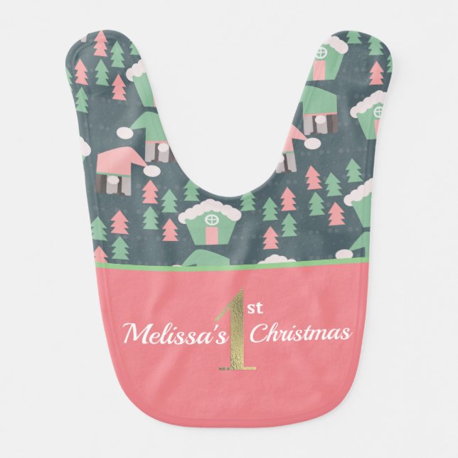 Christmas Tree Gnome First Stripe Baby Bib (Front)