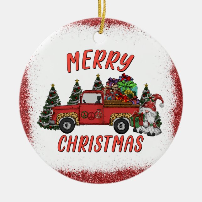 Christmas Tree Gnome Truck Faux Glitter Ceramic Ornament (Front)