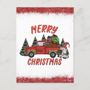 Christmas Tree Gnome Truck Faux Glitter Postcard