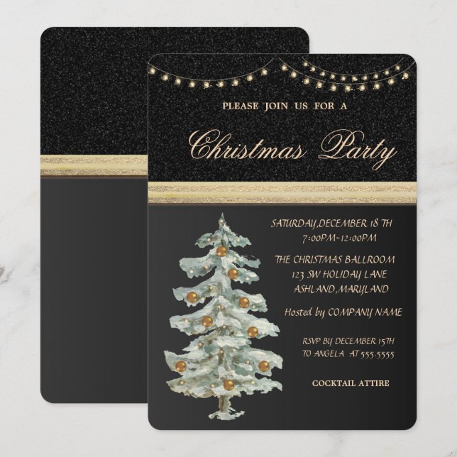 Christmas Tree,Gold Balls,Black,Christmas Party Invitation (Front/Back)