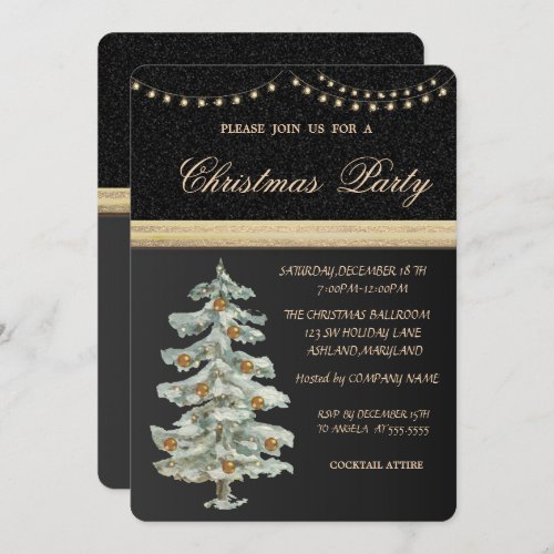 Christmas TreeGold BallsBlackChristmas Party Invitation