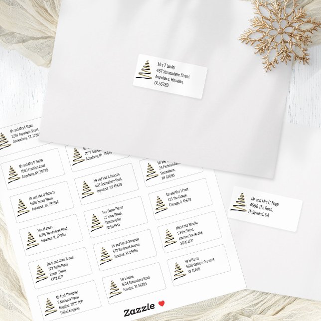 Christmas Tree Gold Black 18 Recipient Addresses Sticker (Handy sheet of 18 individual recipients names and addresses)
