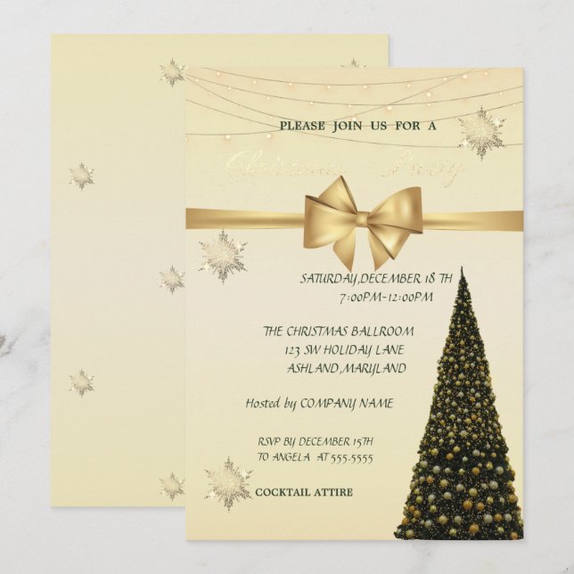Christmas Tree,Gold Bow,Company Christmas Party Invitation (Front/Back)