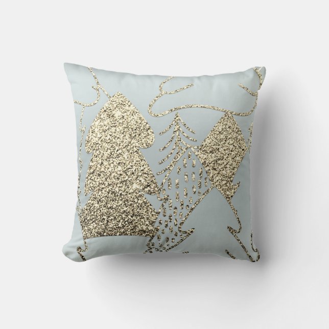 Christmas Tree Gold Champagne Glitter Gray Blue Throw Pillow (Front)