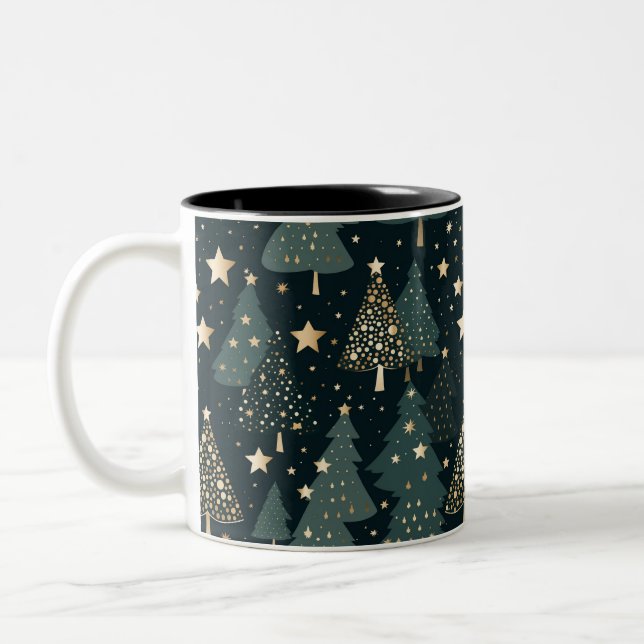 Christmas Tree Gold Green Pattern Decor Two-Tone Coffee Mug (Left)