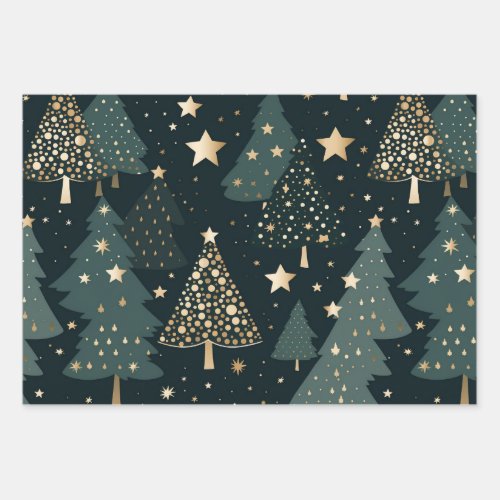 Christmas Tree Gold Green Pattern Decor Wrapping Paper Sheets