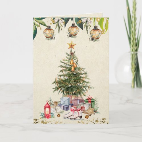Christmas Tree Gold Green Vintage Watercolor Art Holiday Card