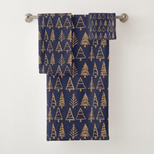 Christmas Tree Gold Holiday Pattern Chic Navy Blue Bath Towel Set