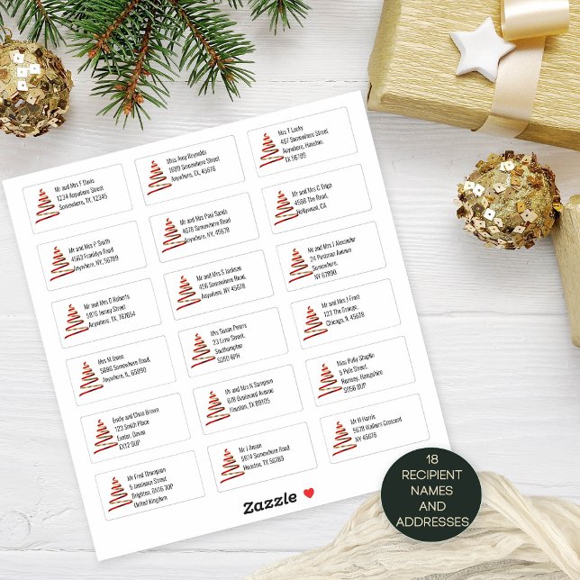 Christmas Tree Gold Red 18 Recipient Addresses Sticker (18 individual recipient names and addresses for your festive mailings)