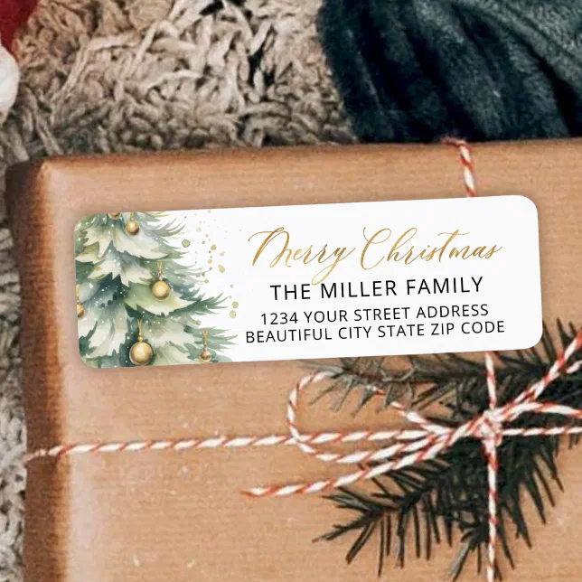 Christmas Tree Gold Script Return Address Label | Zazzle