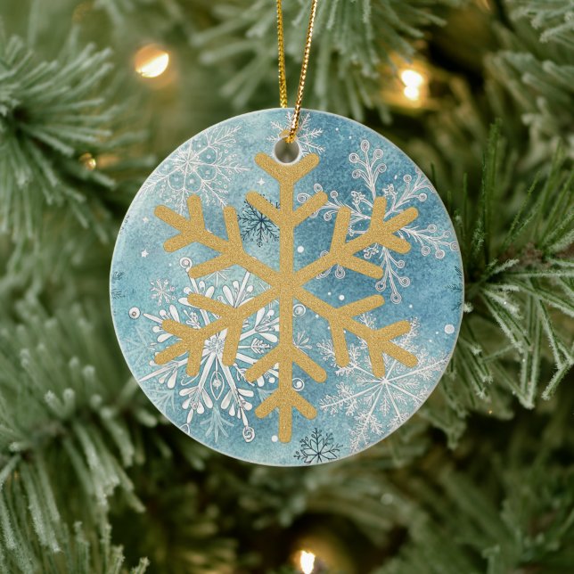 Christmas Tree - Gold Snowflake Ceramic Ornament (Tree)