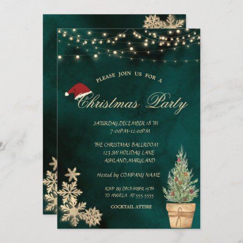 Christmas TreeGold Snowflakes Christmas Party Invitation