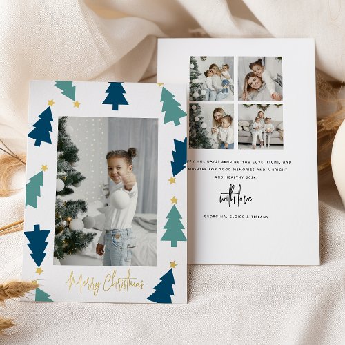 Christmas Tree Gold Star 5 Photo Double Sided Foil Holiday Card