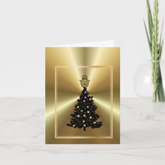Christmas Tree Golden Hamsa Chrismukkah Card (Front)