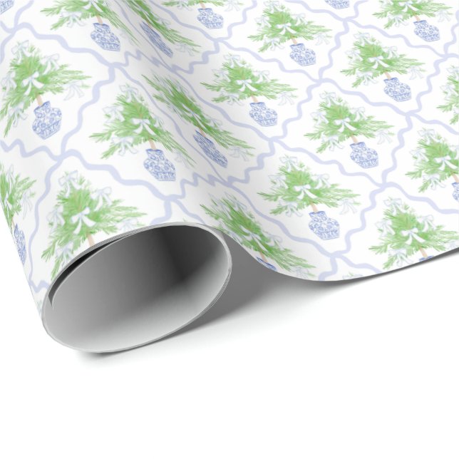 Christmas tree grandmillennial preppy chinoiserie wrapping paper (Roll Corner)