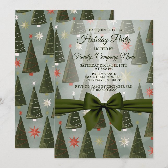 Christmas Tree Green Bow Holidays Invitation (Front/Back)