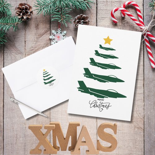 Christmas Tree Green Military Airplane Minimalist Holiday Card