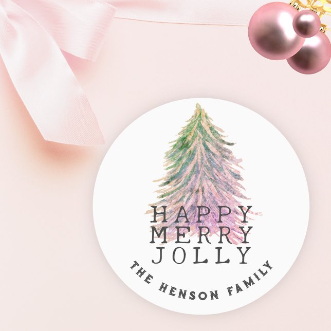 Christmas Tree Green Pink Watercolor Holiday Classic Round Sticker (Creator Uploaded)