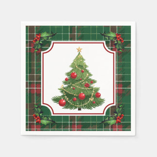 Christmas Tree Green Plaid with Holly Napkins