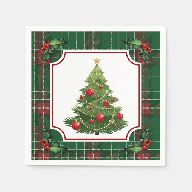 Christmas Tree Green Plaid with Holly Napkins (Front)