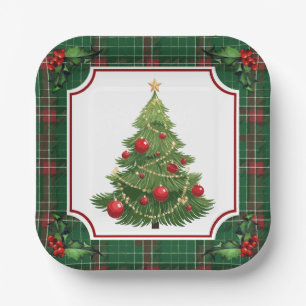 Christmas Tree Green Plaid with Holly Paper Plates