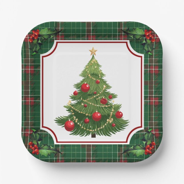 Christmas Tree Green Plaid with Holly Paper Plates (Front)