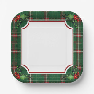 Christmas Tree Green Plaid with Holly Paper Plates