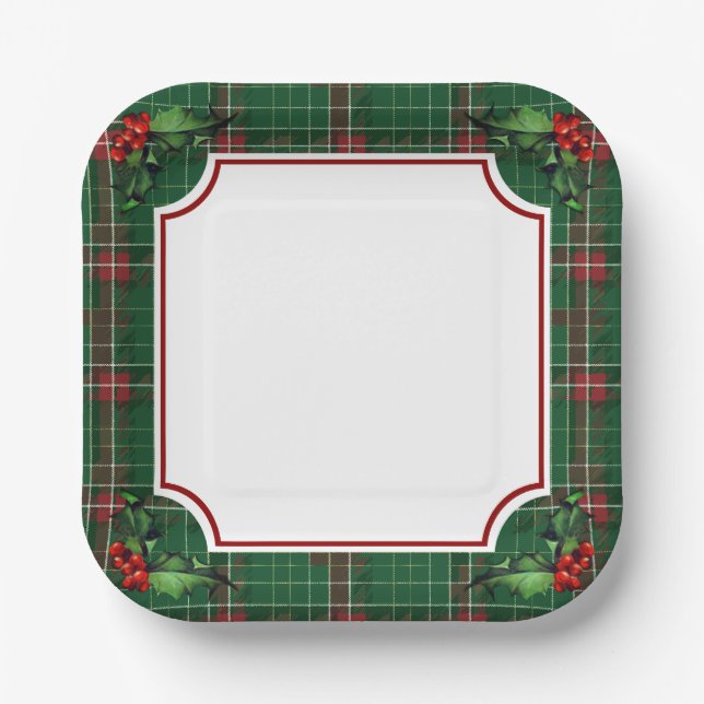 Christmas Tree Green Plaid with Holly Paper Plates (Front)