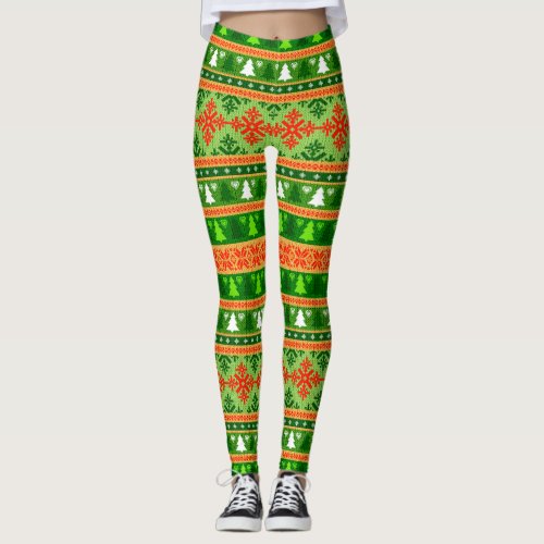 CHRISTMAS TREE GREEN WHITE RED ORNAMENTS  LEGGINGS