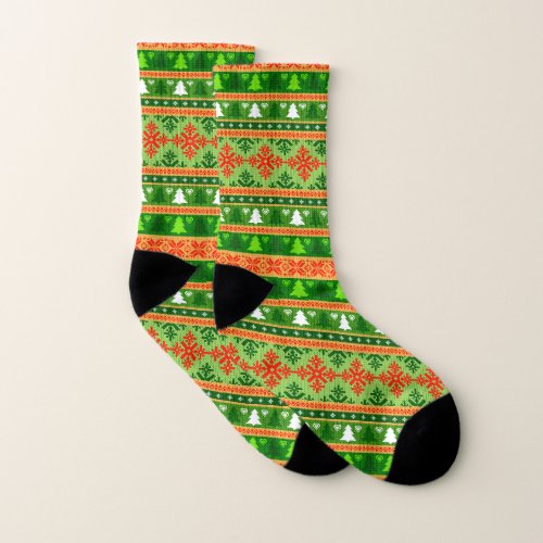 CHRISTMAS TREE GREEN WHITE RED ORNAMENTS  SOCKS