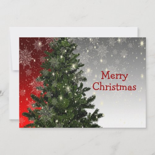 Christmas Tree Greeting Green Red White Snowflakes Holiday Card