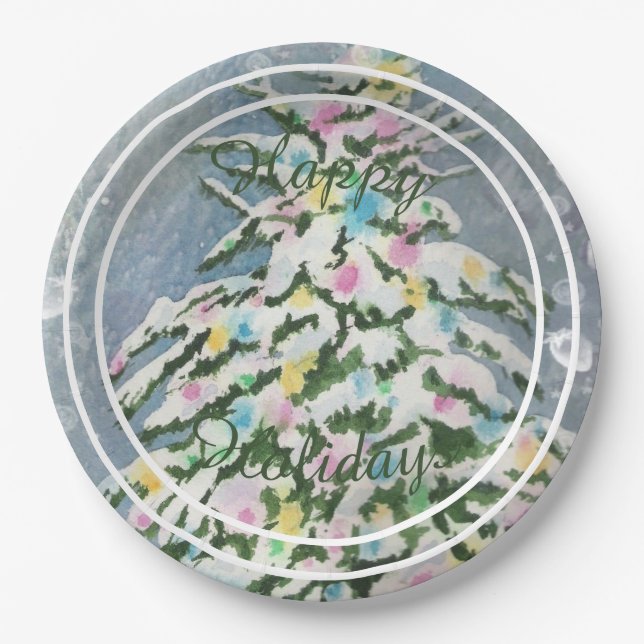 Christmas Tree Happy Holiday Party Paper Plates (Front)