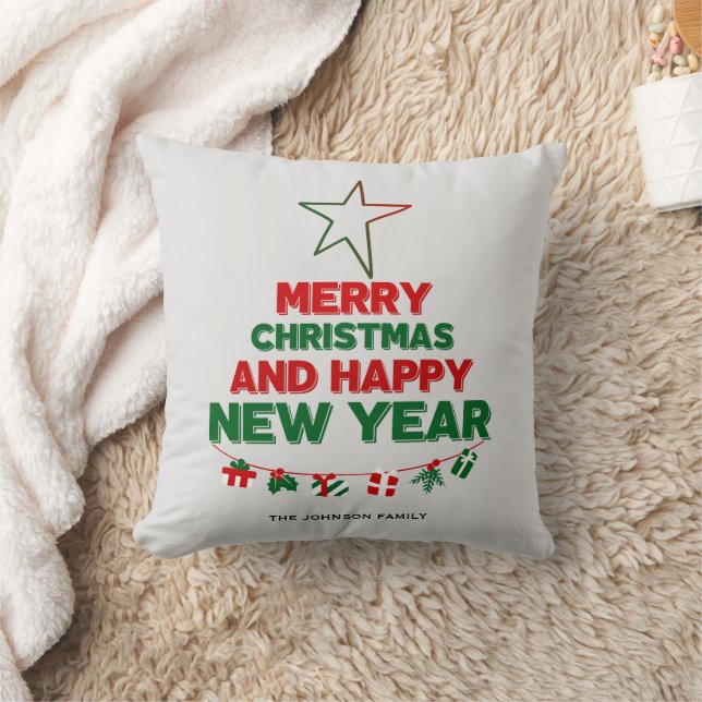 Christmas tree, Happy New Year, words, star, gift Throw Pillow (Blanket)