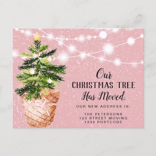 Christmas tree has moved lights pink moving announcement postcard
