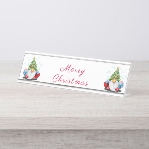 Christmas Tree Hat Gnome with Gift Desk Name Plate