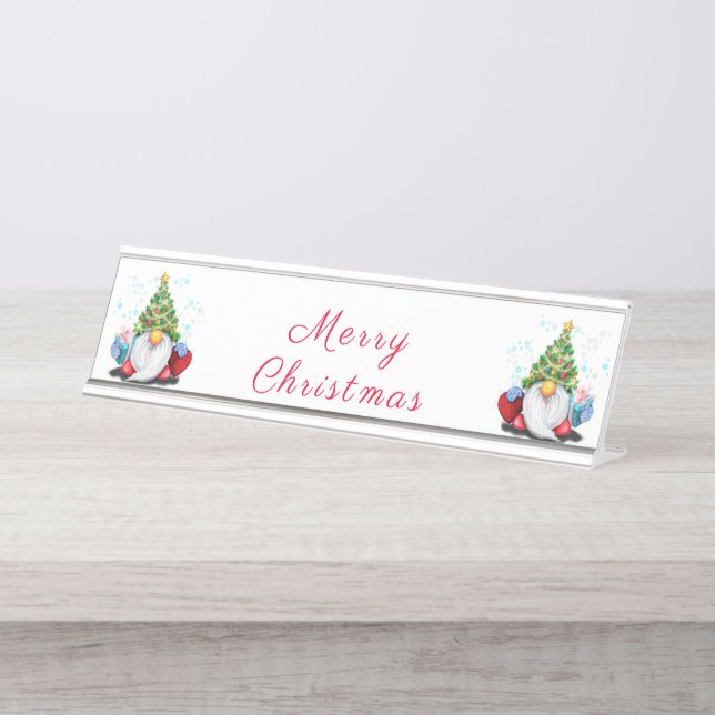 Christmas Tree Hat Gnome with Gift Desk Name Plate (Front)