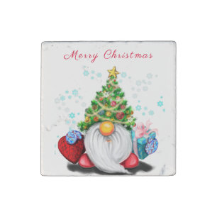 Christmas Tree Hat Gnome with Gift Stone Magnet