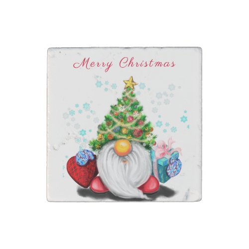 Christmas Tree Hat Gnome with Gift Stone Magnet