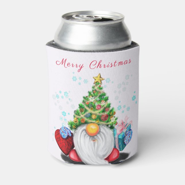 Christmas Tree Hat Gnome with Gifts Can Cooler (Can Back)