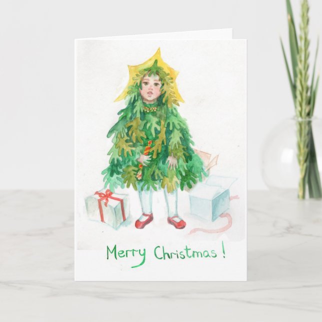 Christmas tree holiday greetings  cute little girl card (Front)
