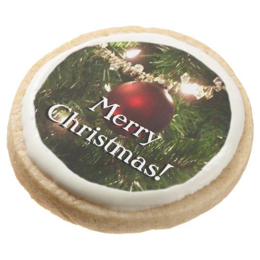 Christmas Tree Holiday "Merry Christmas" Round Shortbread Cookie (Angled)