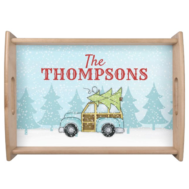 Christmas Tree Holiday Personalized Family Name Serving Tray (Front)