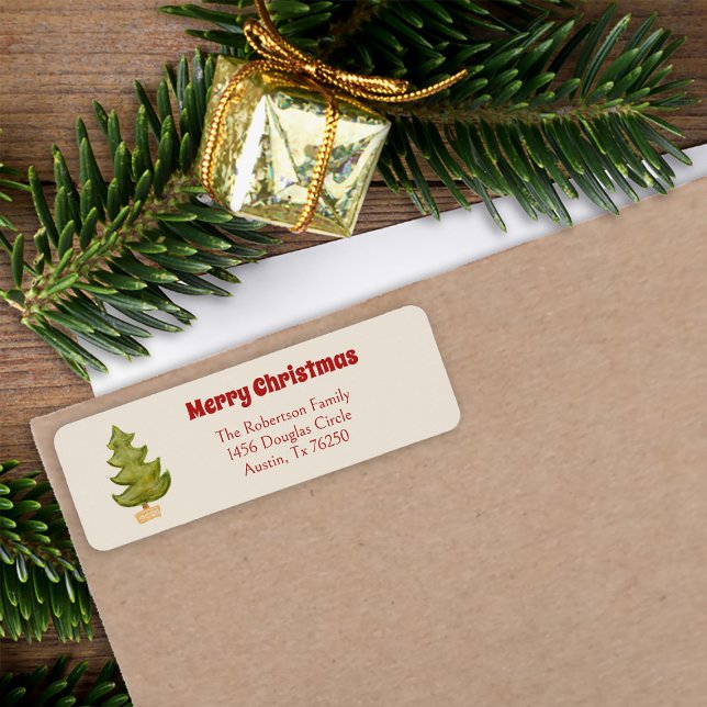 Christmas Tree Holiday Red Green Gold Hand Drawn Label (Creator Uploaded)