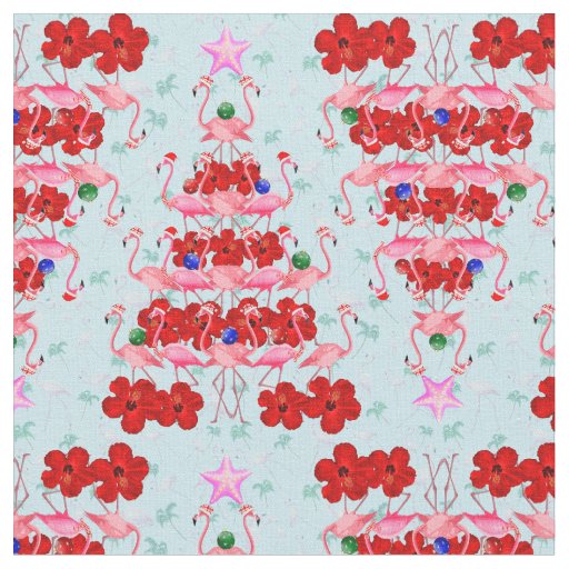 Christmas Tree Holiday Santa Flamingos on Cool Blu Fabric