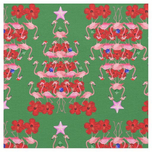 Christmas Tree Holiday Santa Flamingos on Green Fabric