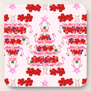 Christmas Tree Holiday Santa Flamingos on Pink Beverage Coaster