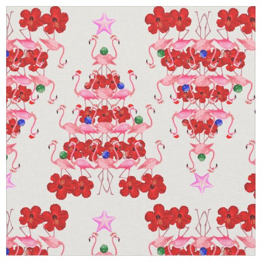 Christmas Tree Holiday Santa Flamingos on Pink Fabric
