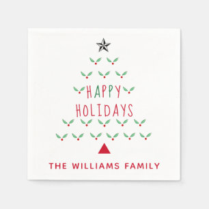 Christmas Tree Holly Happy Holidays Modern Napkins