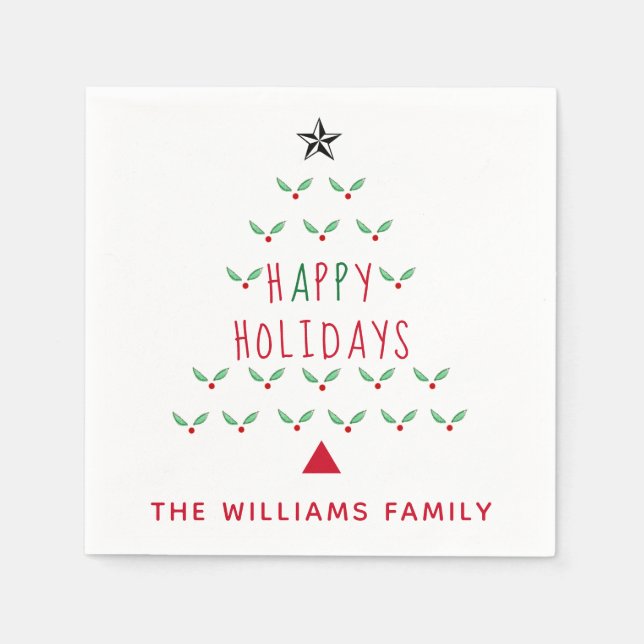 Christmas Tree Holly Happy Holidays Modern Napkins (Front)