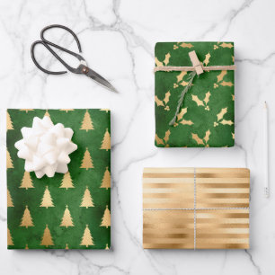 Christmas Tree Holly Patterns Green Gold Wrapping Paper Sheets